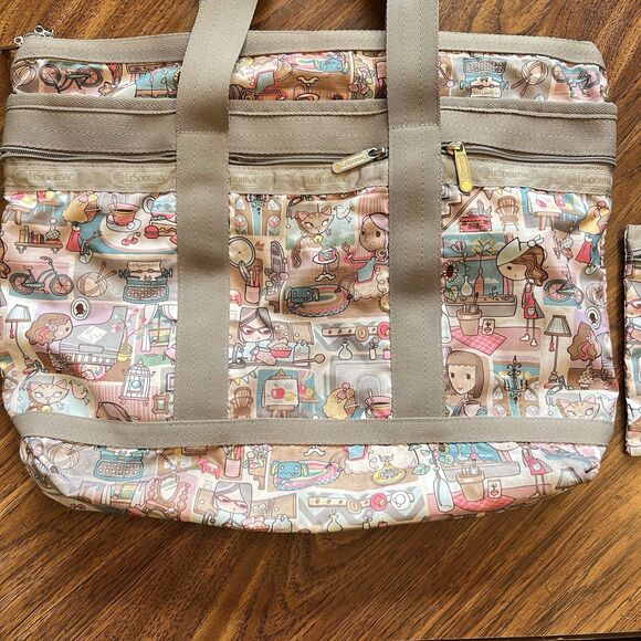 Lesportsac Home Travel Tote Pouch Taupe Pink Gray Hobby Tea Art Piano - Picture 7 of 14